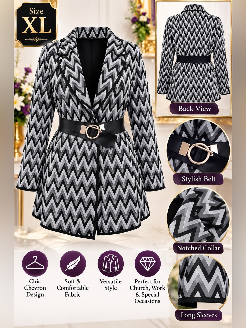 Chevron Notched Collar Blazer with Waist Belt - Black & White